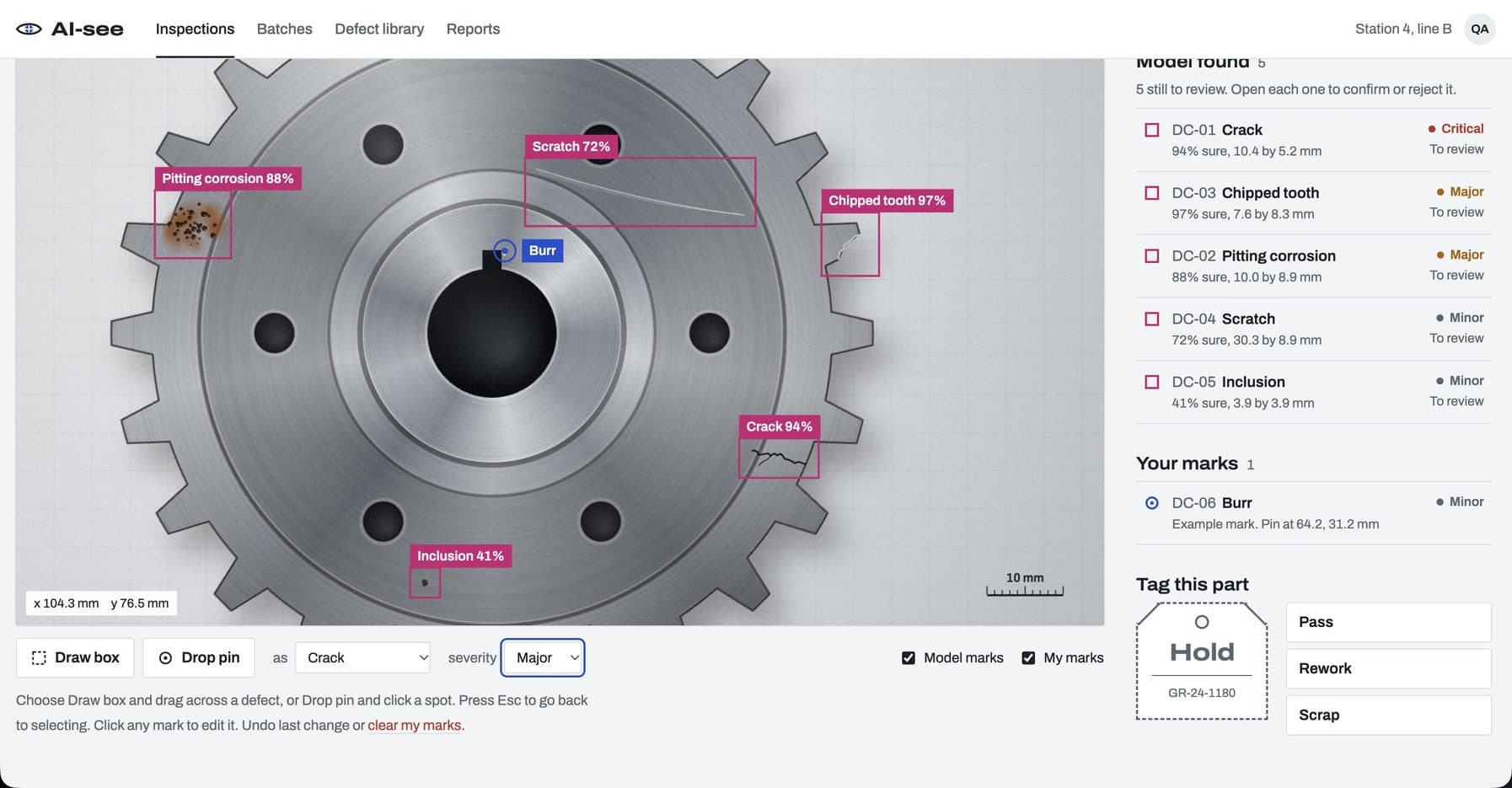 The AI See inspection screen: a gear with crack, chipped tooth, scratch and corrosion defects boxed by the model, beside a review list with confidence and severity for each.