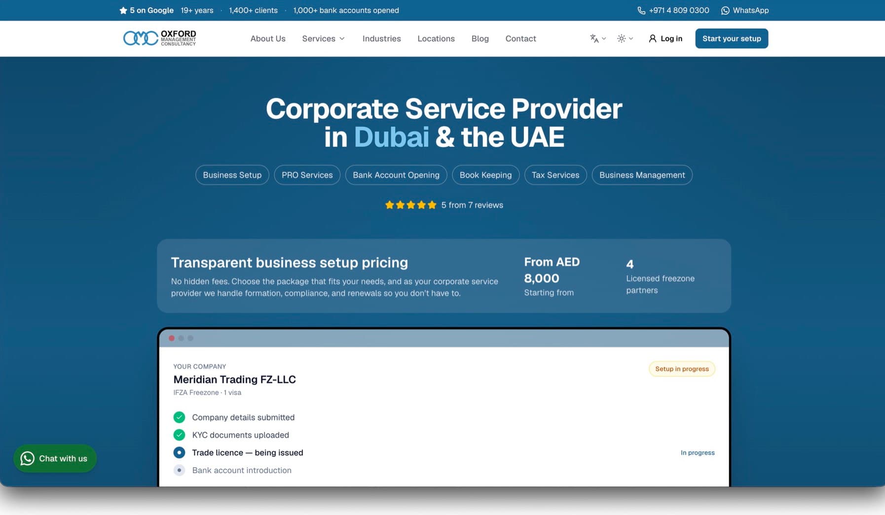 The Oxford Management Consultancy portal home page and setup tracker.