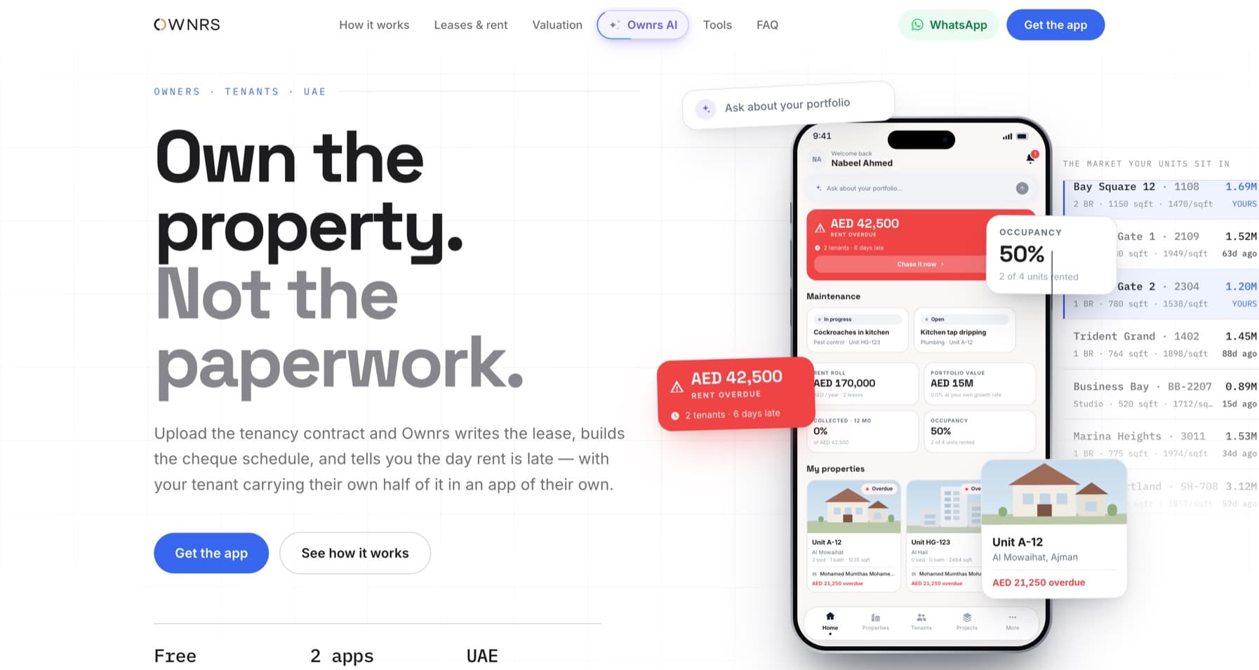 The OWNRS website, with the owner app showing overdue rent, maintenance and portfolio value.
