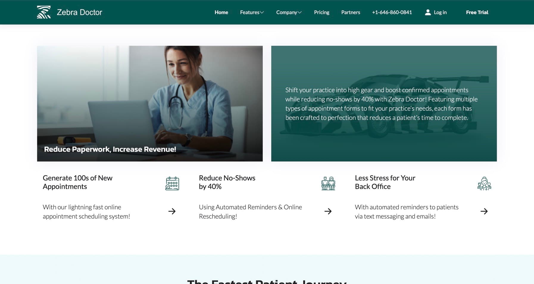 The Zebra Doctor site showing its scheduling and no-show reduction features.